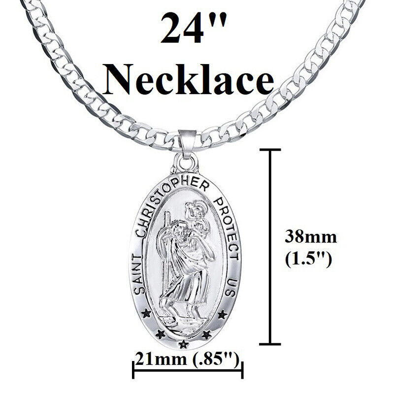 925 Sterling Silver Womens Chain Link Chain Necklace Oval Saint Christopher