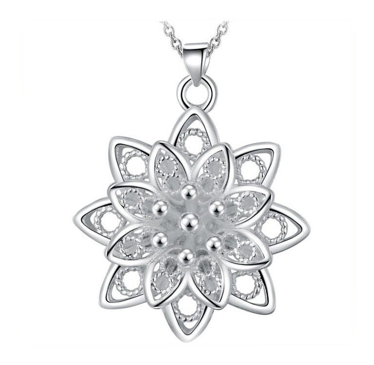 925 Sterling Silver Womens 24" Link Chain Necklace With Flower Pendant D474B