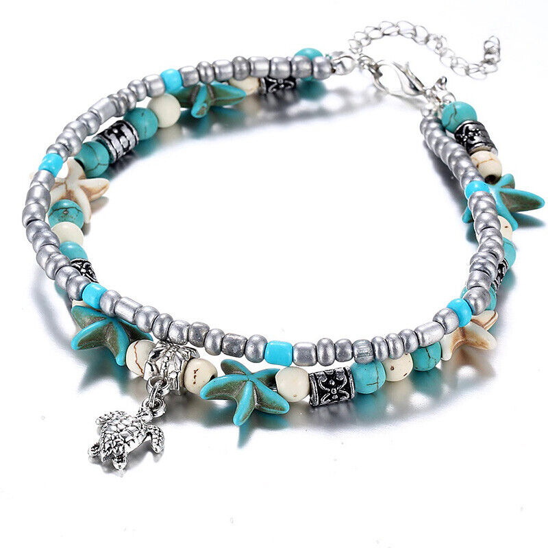 Womens Sterling Silver Beach Starfish Turtle 8" - 10" Anklet Ankle Bracelet D216