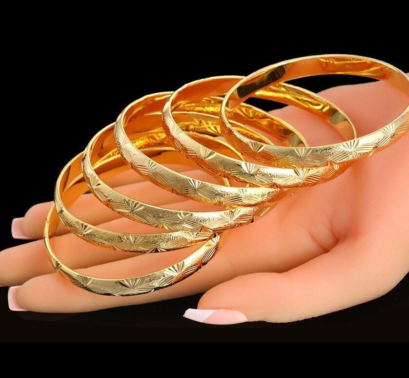 2 Pc Lot/Set 18k Yellow Gold Women's Elegant Starburst Cut Bracelet Bangle D226L