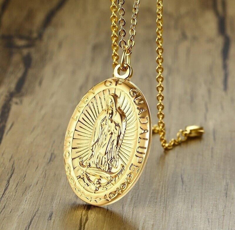 18k Yellow Gold Womens Mens Our Lady of Guadalupe Virgin Mary 20" Necklace D720