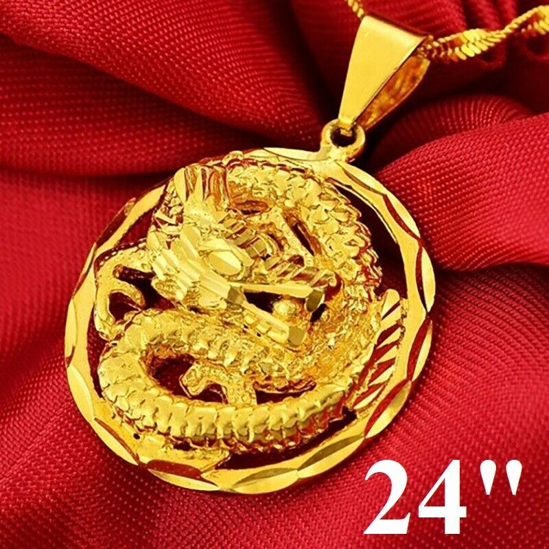 24k Yellow Gold Authentic Dragon Pendant Link 18 20" 24" 30" Chain Necklace D772