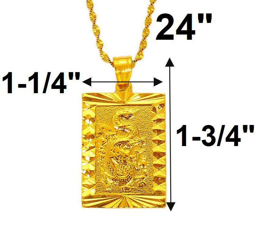 24k Yellow Gold Dragon Pendant, 24" Wave Snake Link Chain Necklace w GiftPg D451