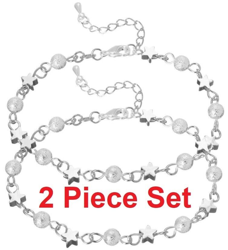 2 Pc Set 925 Sterling Silver Womens Stars Chain Link Anklet Ankle Bracelet D705B
