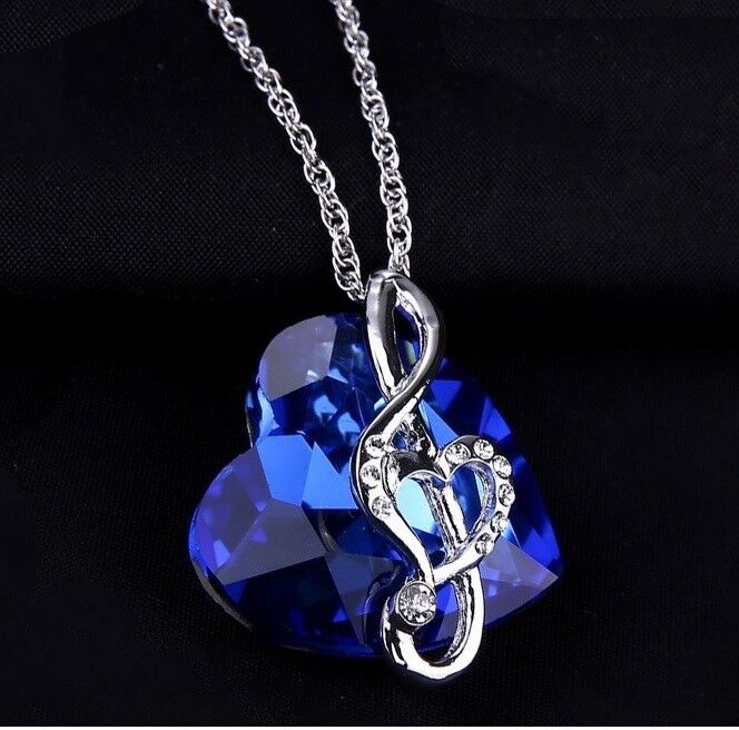 Sterling Silver Blue Crystal Heart Music Link Chain Women's Necklace D576B