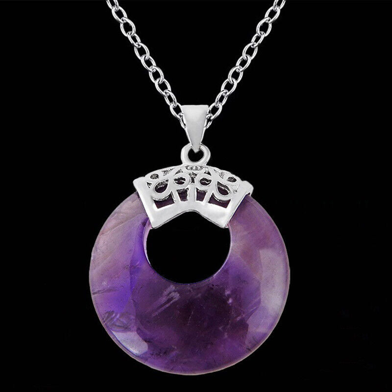 925 Sterling Silver Womens 18" Chain Necklace And Donut Amethyst Pendant D327