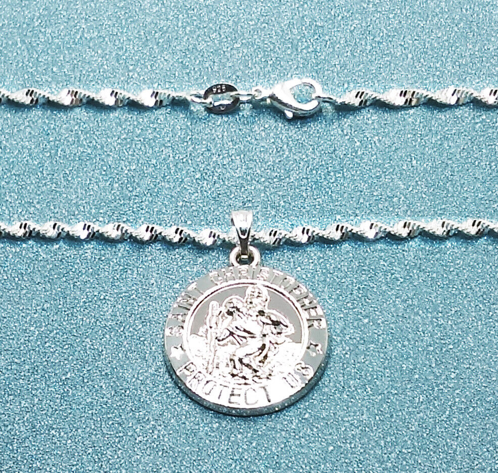 Womens 925 Sterling Silver Link Chain 18" 20" 24" Necklace And Saint Christopher