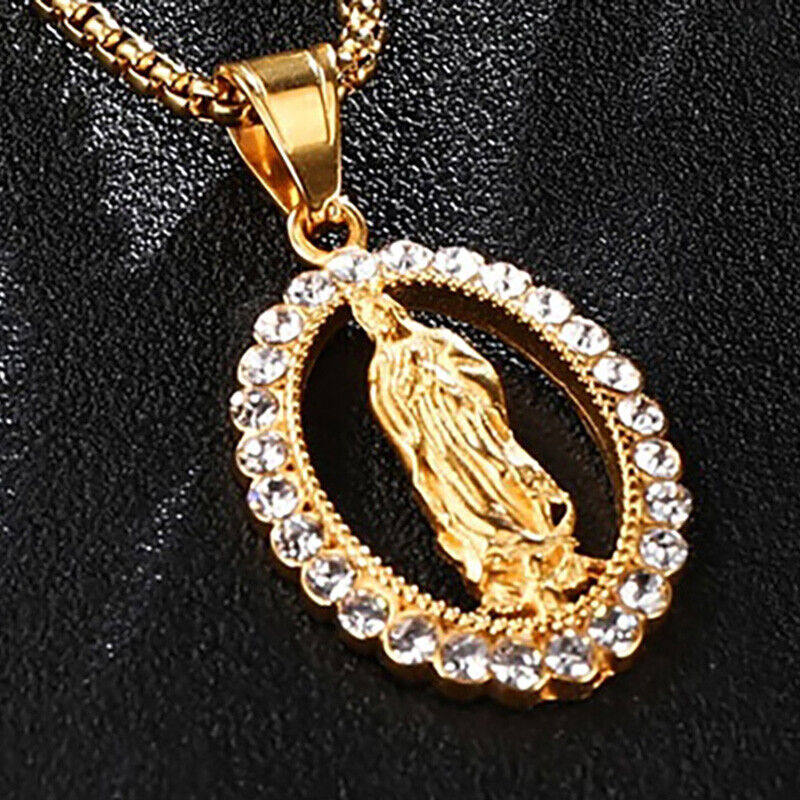 18k Yellow Gold Mens Womens Virgin Mary Pendant And 24" Link Chain Necklace D703