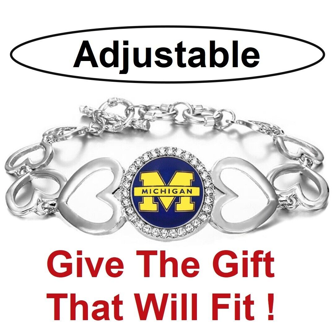 Michigan Wolverines Womens Silver Heart Link Adjust. Bracelet W Giftpkg D27