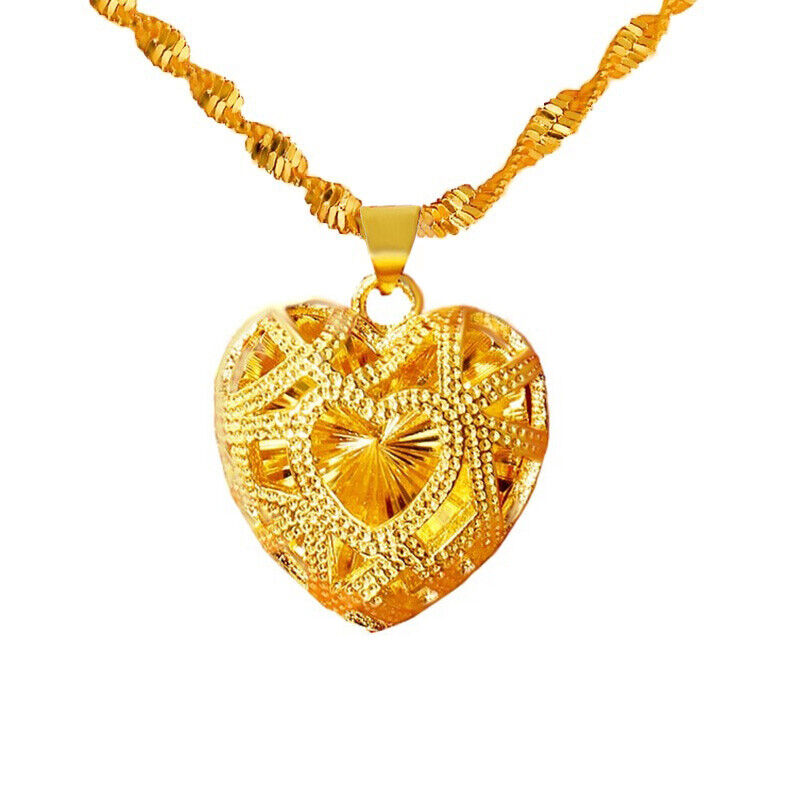 18k Yellow Gold Womens Heart Pendant With Link Chain Necklace w Gift Pk D740