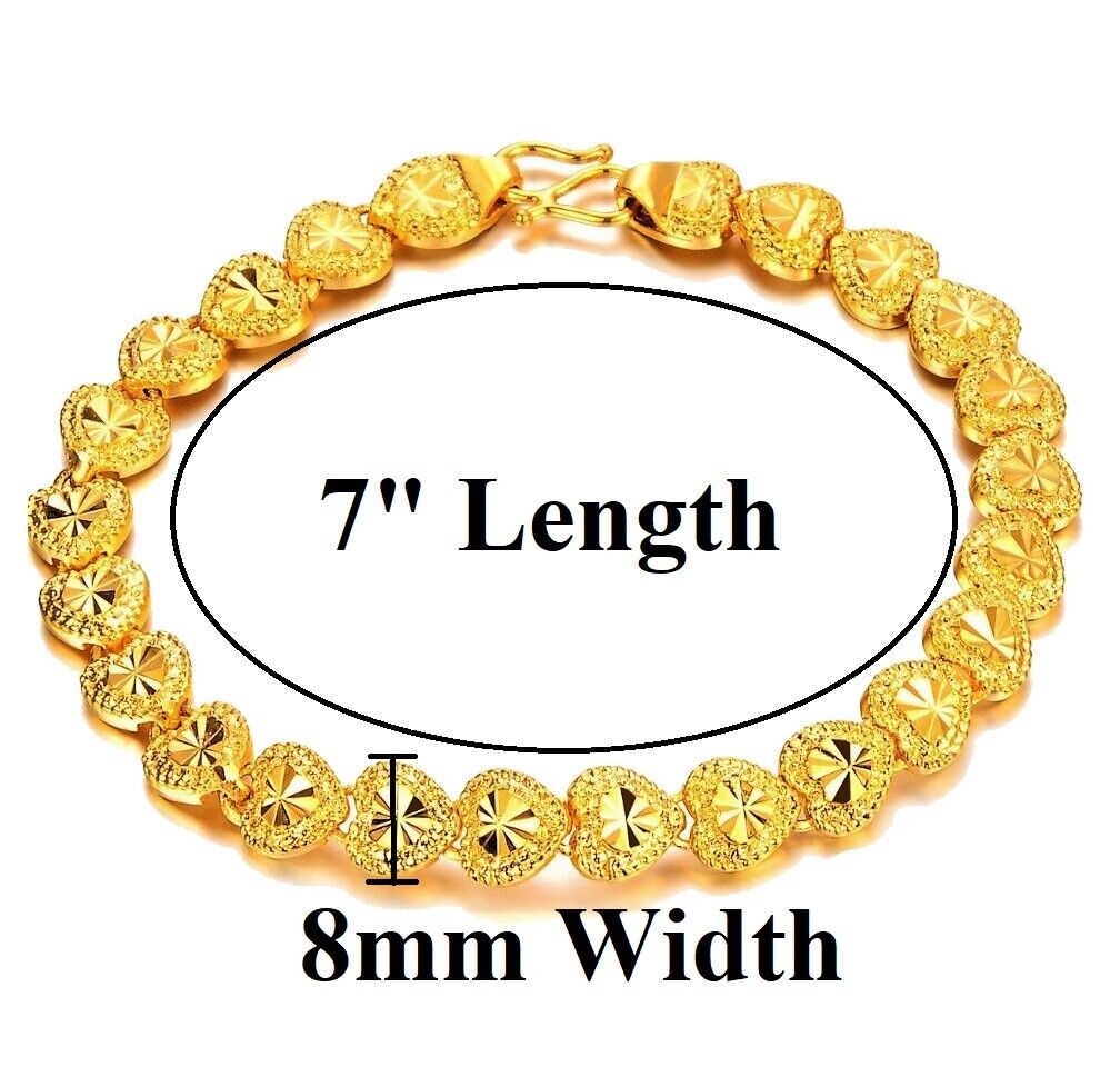 24k Gold Linked Hearts Chain Bracelet Women's Small 7" w Gift Pkg D149