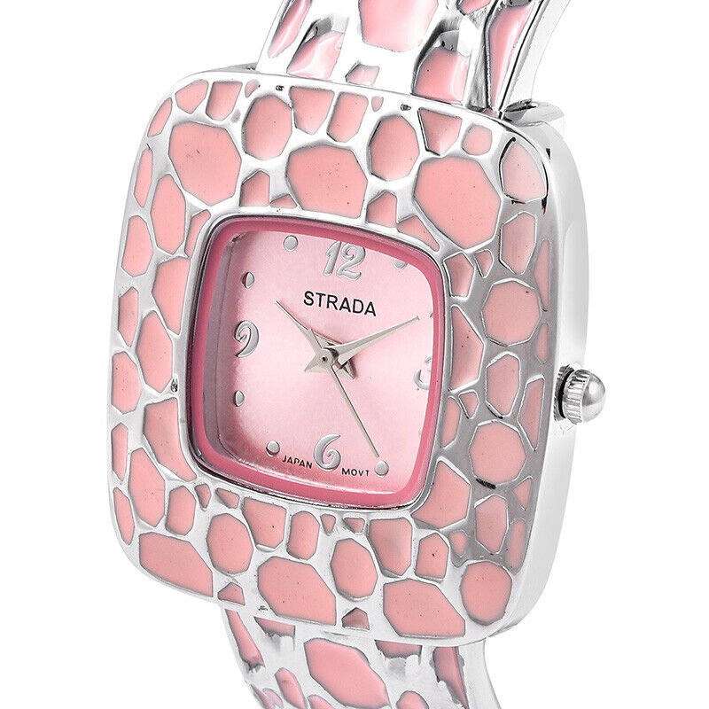 Womens STRADA Pink Black Japanese Movement Stainless Cuff Bangle Bracelet Watch
