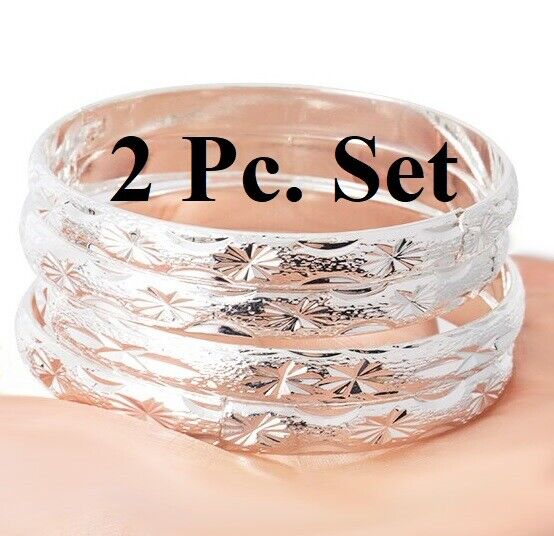2 Pc Set Sterling Silver Elegant Wide 8mm Opening Bangle Bracelet w GiftPkg D728