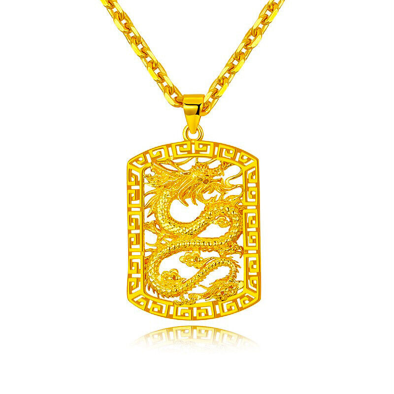 18k Yellow Gold 20" Link Chain Necklace And Dragon Pendant Size w Gift Pkg D662B