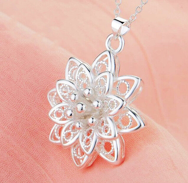 925 Sterling Silver Women's Link Chain 20" Necklace And Elegant Flower D474A