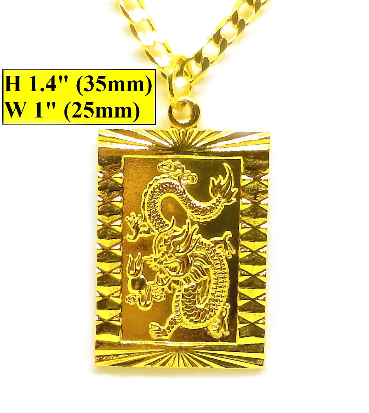 18k Yellow Gold 20" Curb Link Chain Necklace And Dragon Pendant w GiftPkg D451C