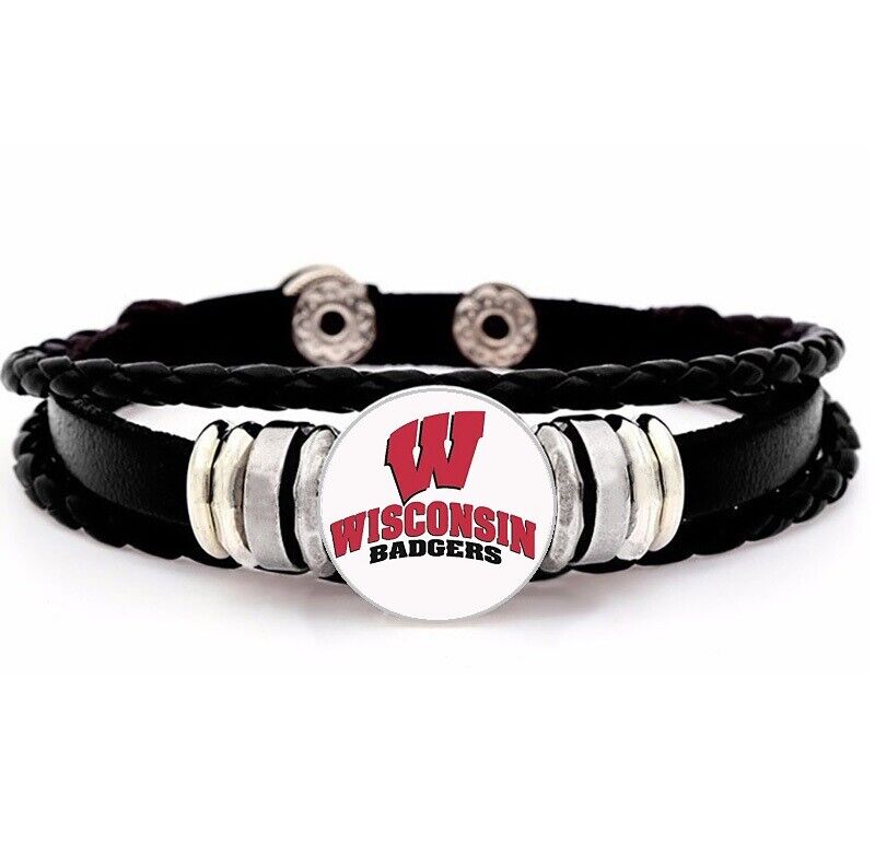 University Wisconsin Badgers Black Mens Womens Leather Bracelet W Gift Pkg D14