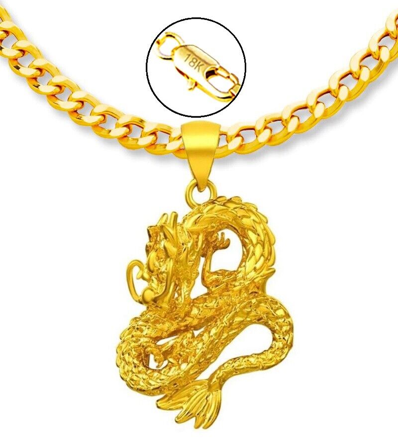 18k Gold Bold Dragon Pendant And Curb Link Chain 24" Mens Necklace D915