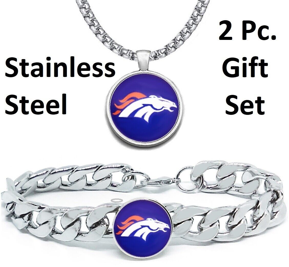 Large Denver Broncos Mens Gift Set Stainless 24" Necklace Bracelet D4D30