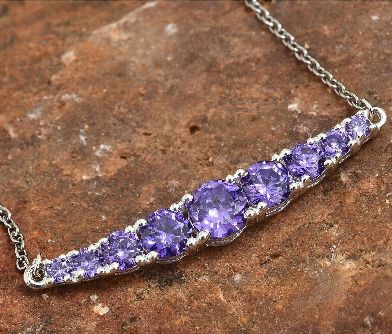 925 Sterling Silver Womens 18" Link Chain Drop Bar Necklace Natural Amethyst
