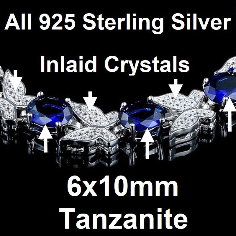 925 Sterling Silver Women's 7" Inlaid Butterfly Blue Tanzanite Tennis Bracelet