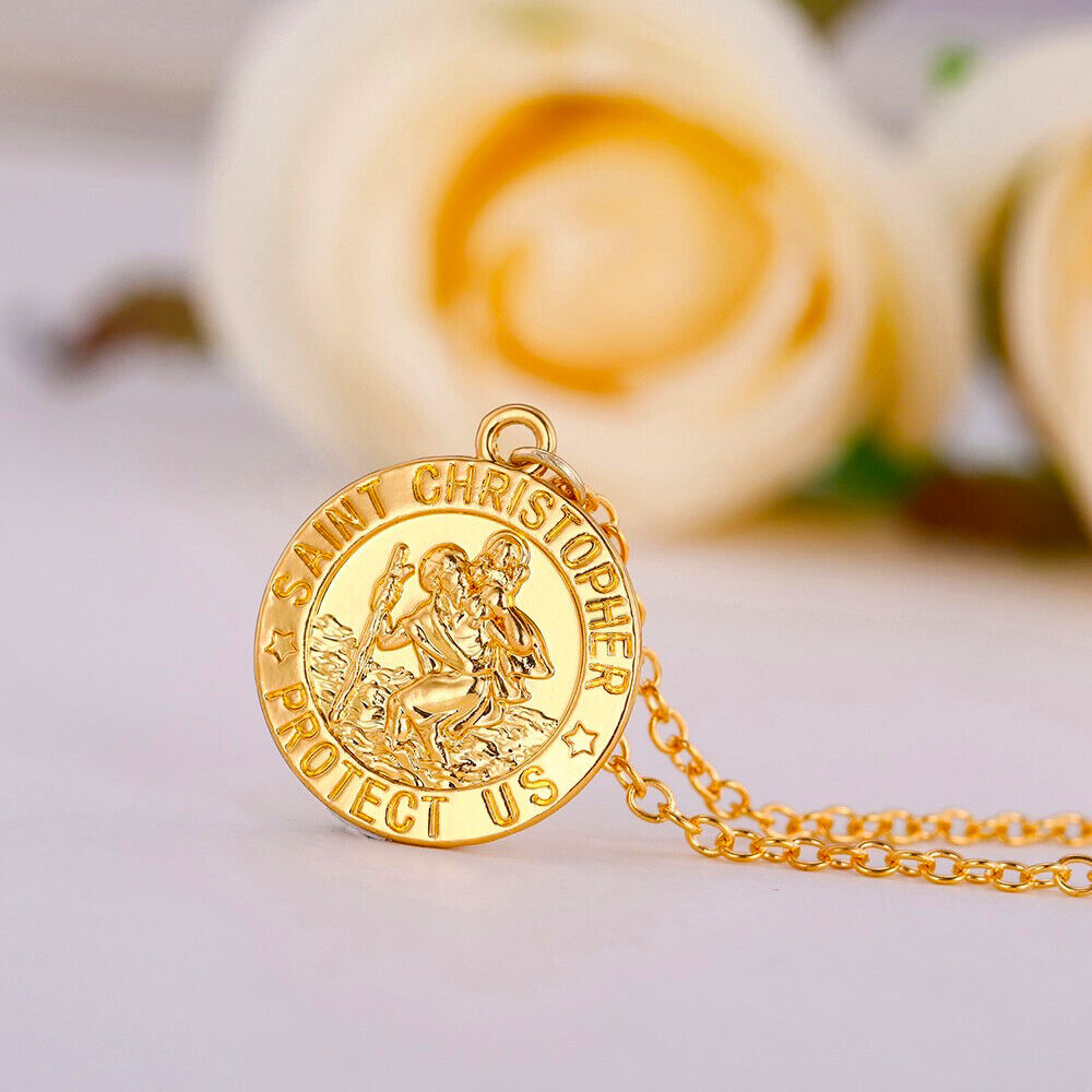 18k Yellow Gold Rolo Link Chain 24" Necklace - Saint Christopher Pendant +GiftPk