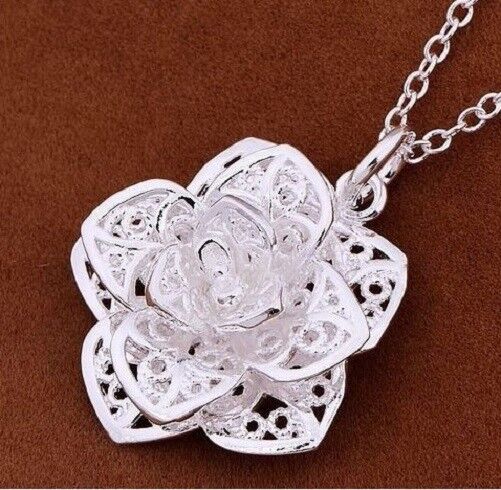 Valentines 925 Sterling Silver Womens Chain Necklace Flower Pendant + GiftP D278