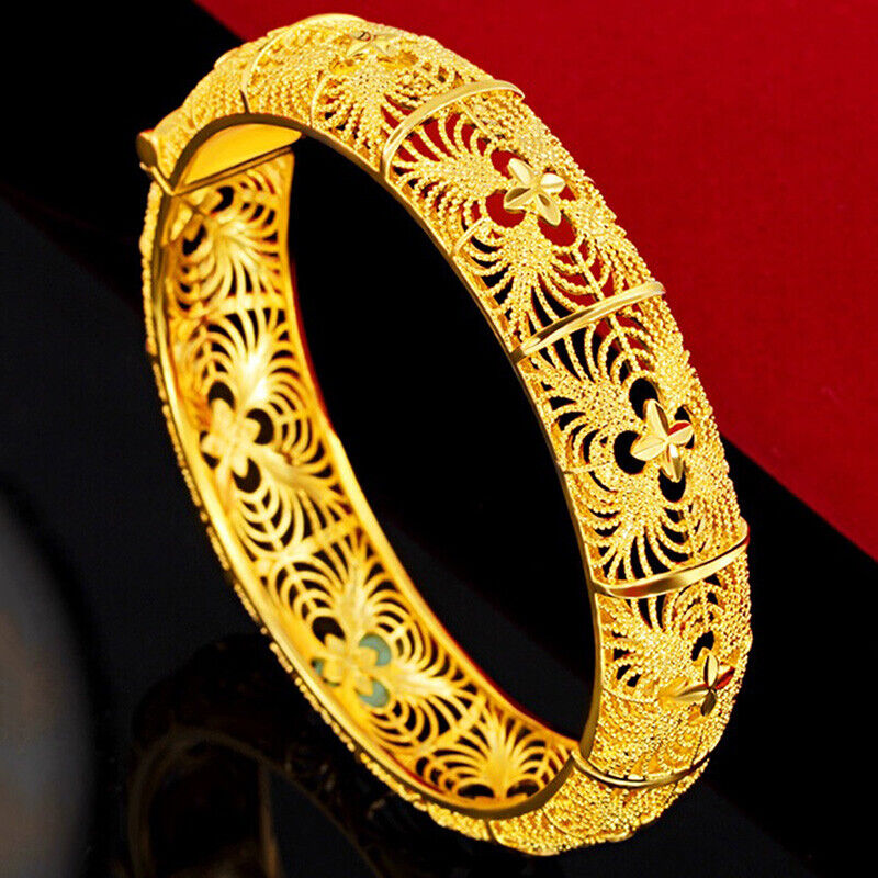 24k Yellow Gold Women's 15mm 7-1/2" Flower Burst Bracelet Bangle w Gift Pkg D765