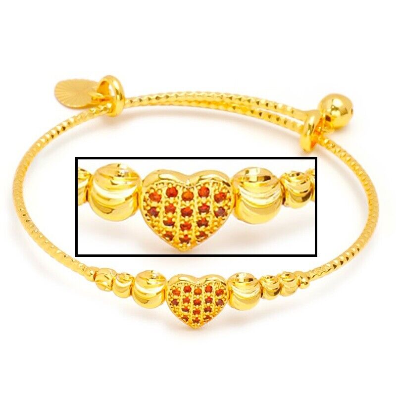 24k Gold Womens Adjust. Chain 7.5" Red Garnet Heart Charm Bracelet Bangle D974