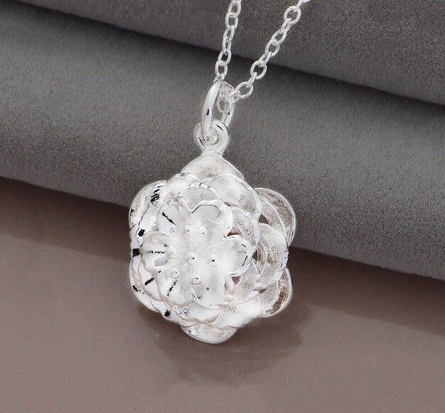 925 Sterling Silver Pendant And Chain Necklace Womens Opulent Flower Rose D279