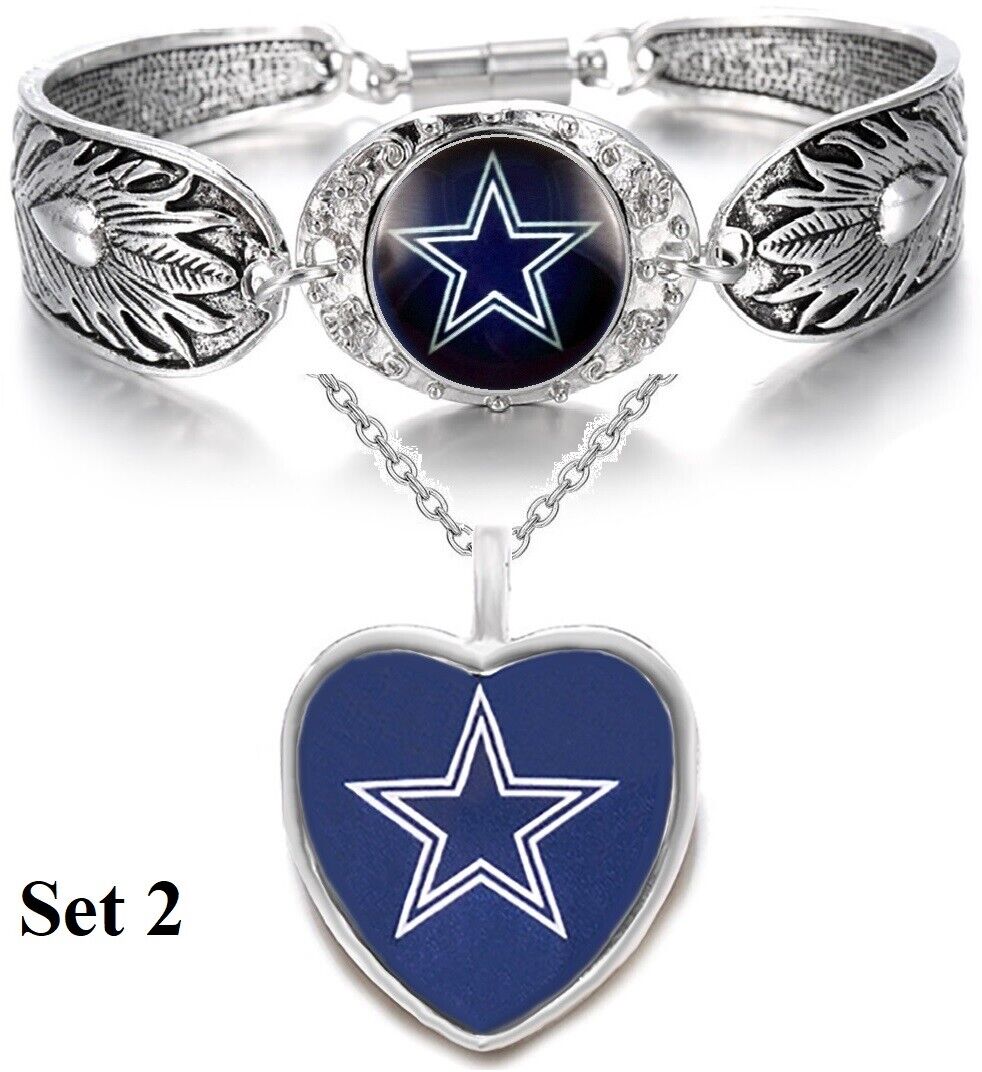 2 Pc Gift Set Dallas Cowboys Women Sterling Silver Necklace And Bracelet Jewelry
