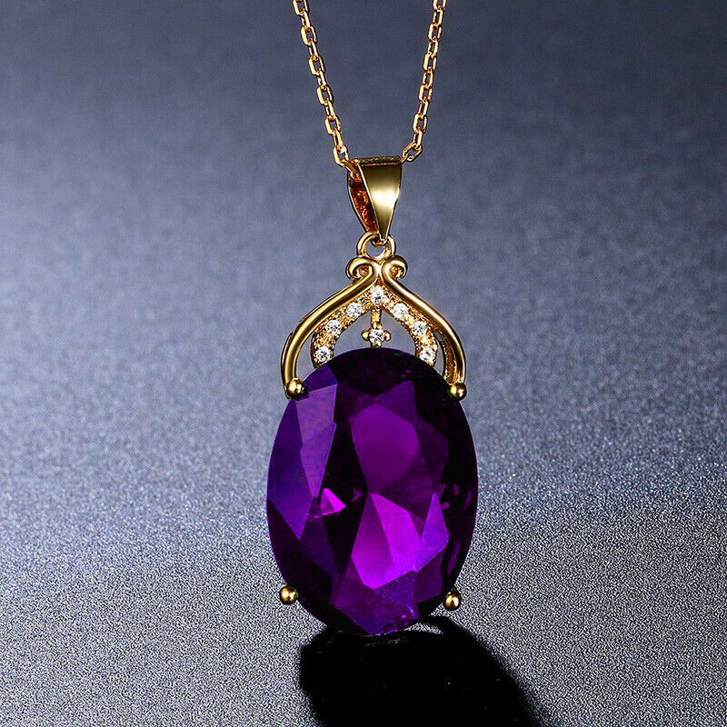 Womens18K Gold 24" Link Chain Necklace With Amethyst Pendant D302