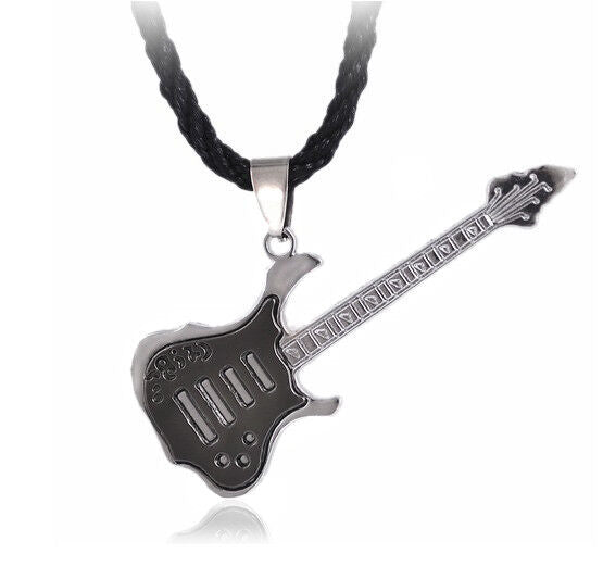Womens Mens Guitar Music Stainless Pendant 24" Black Leather Chain Necklace D624