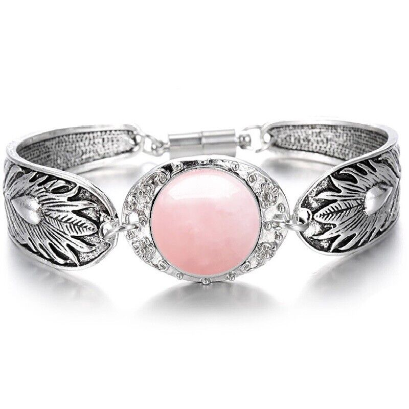 Rose Quartz Women's Sterling Silver Bracelet Bangle w Magnetic Clasp D3