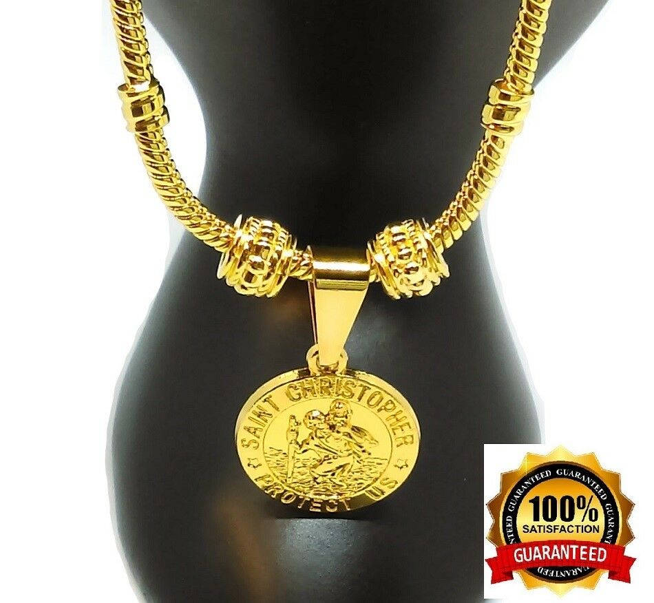 24k Yellow Gold Womens Snake Bracelet And Saint Christopher Charm +FreeGiftPkg