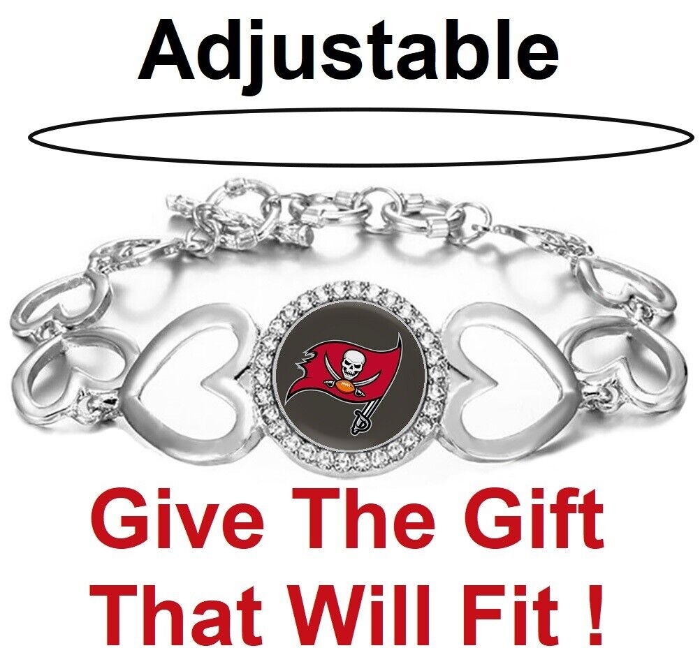 Tampa Bay Buccaneers Womens Silver Heart Link Adjust. Bracelet W Gift Pkg D27