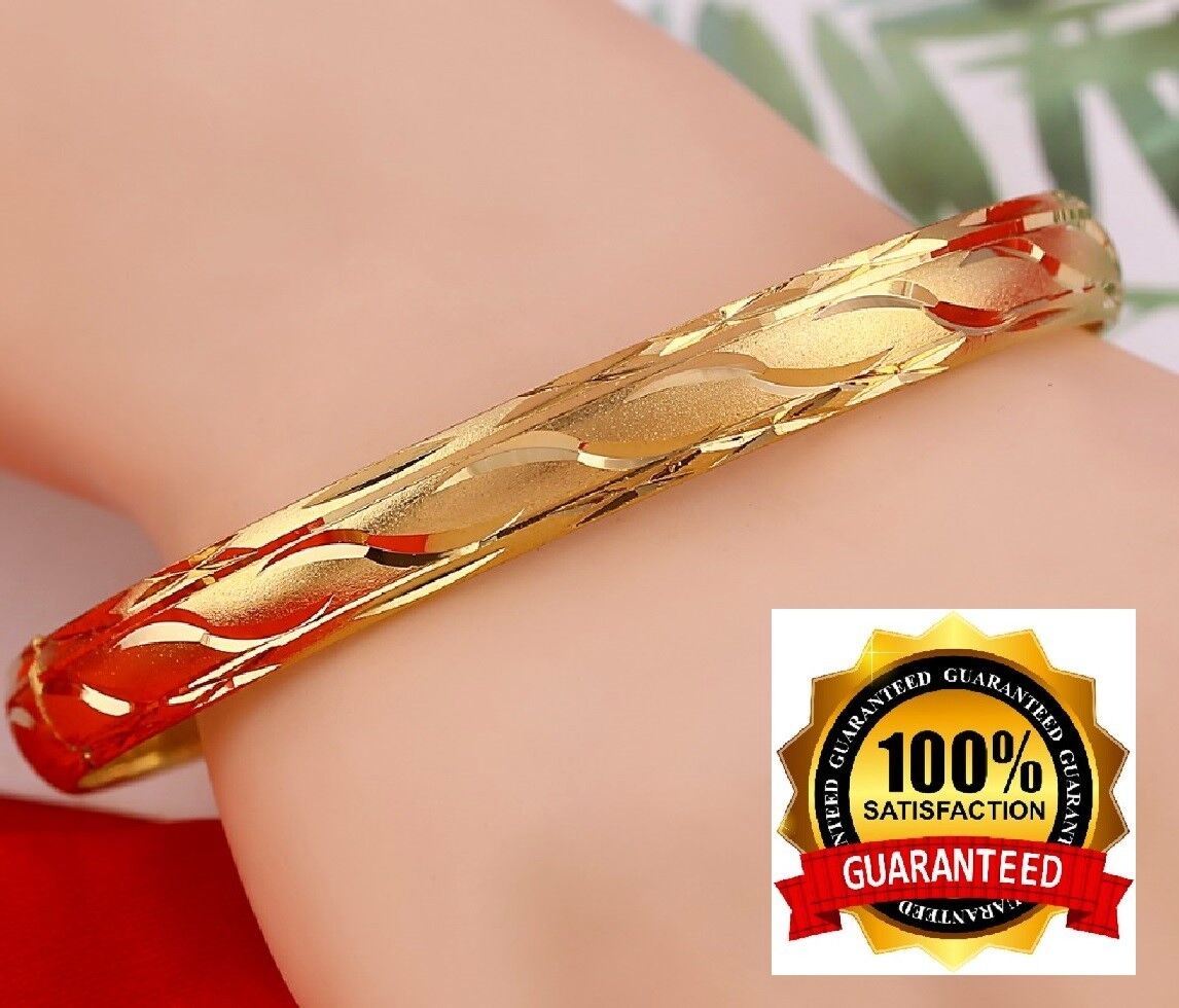 24k Yellow Gold Bracelet Bangle Womens Wave-Cut Design Opening +GiftPouch D415-5