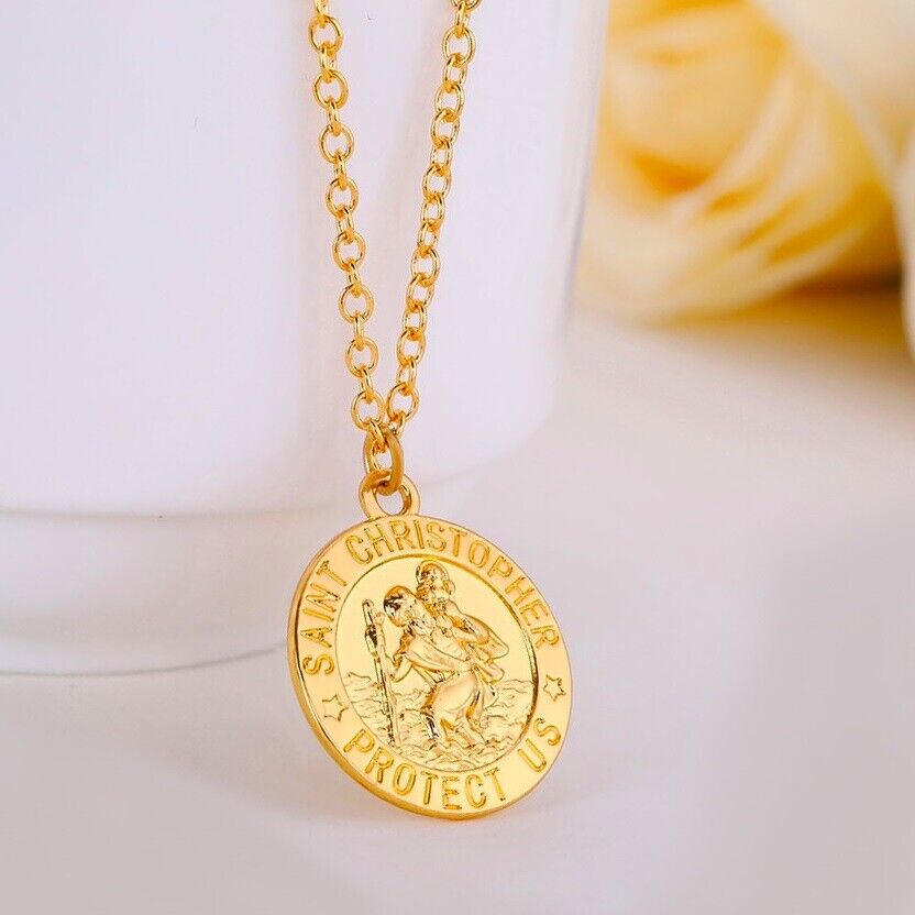 18k Yellow Gold Rolo Link Chain 24" Necklace - Saint Christopher Pendant +GiftPk