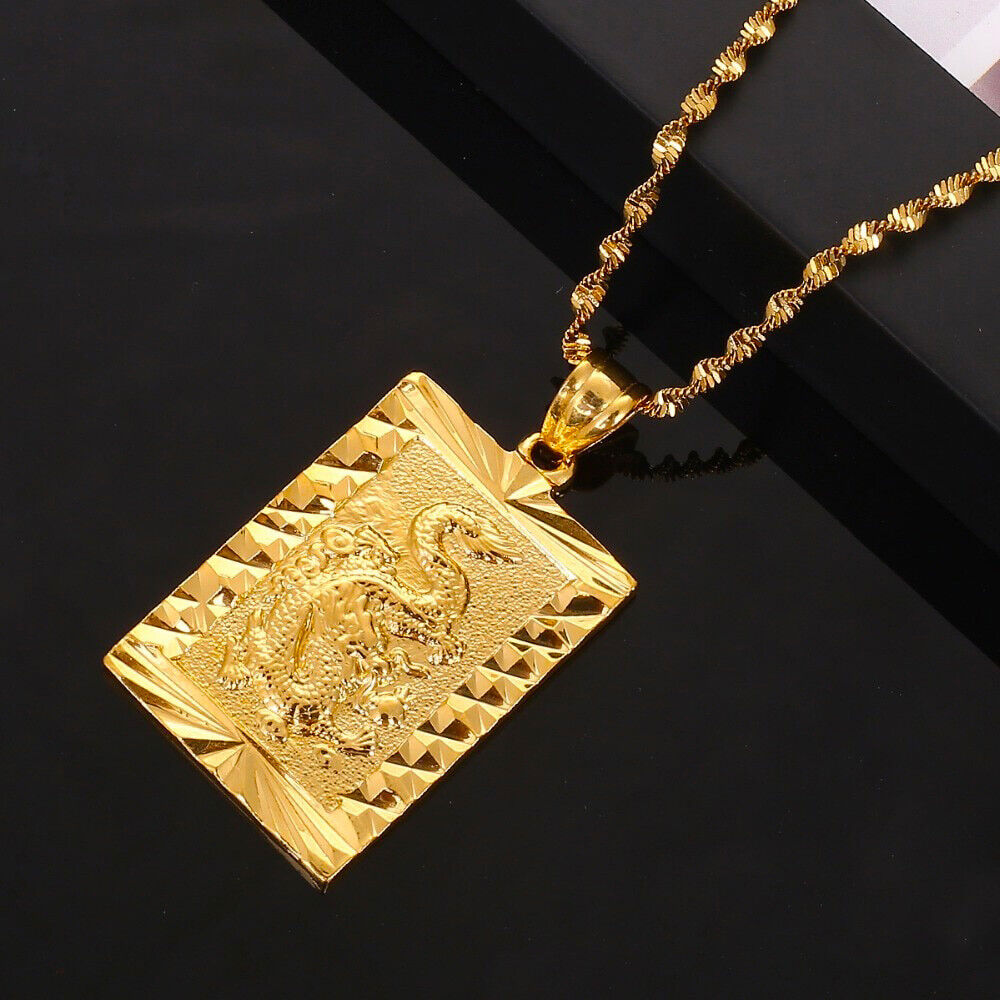24k Yellow Gold Dragon Pendant, 24" Wave Snake Link Chain Necklace w GiftPg D451