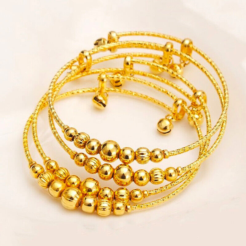 2 PcSet 18k Yellow Gold 7" Womens Adjustable Beaded Style Italian Bracelets D770