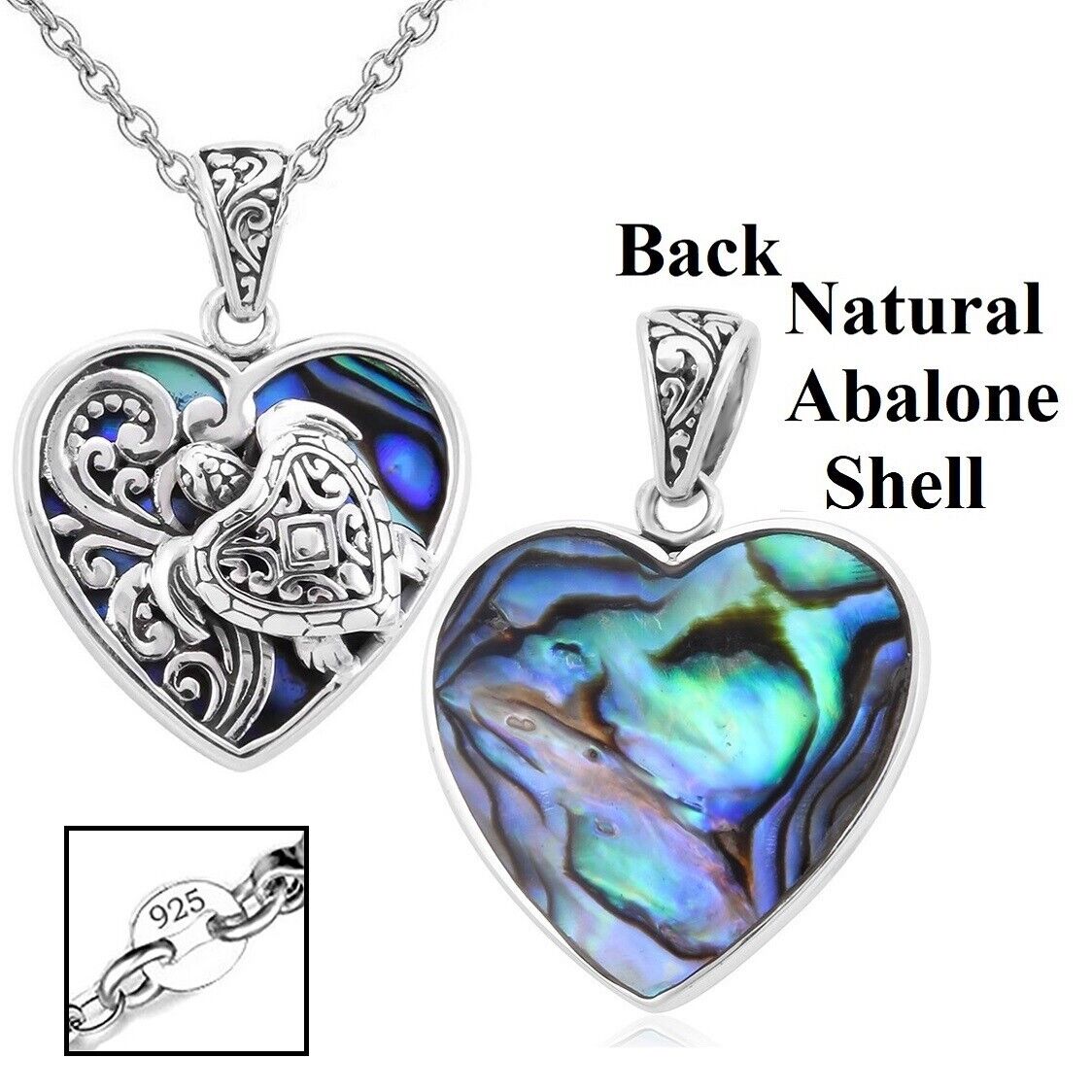 925 Sterling Silver Womens Abalone Shell Healing Heart Link Chain Necklace D855A