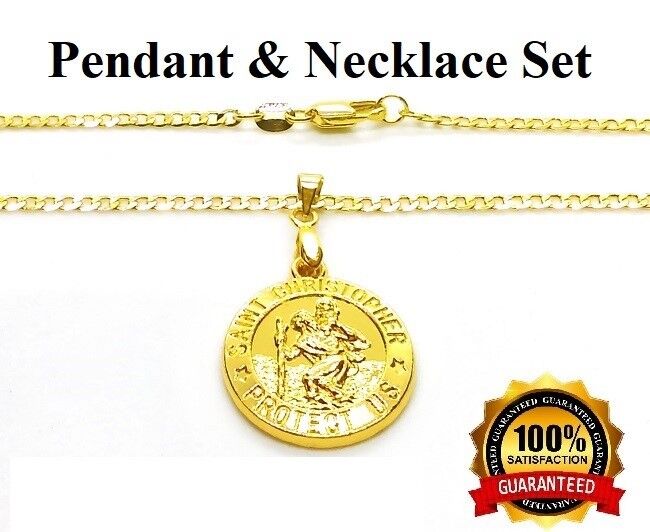 18k Gold Saint Christopher Pendant And 24" Curb Link Necklace Set +Free GiftPkg