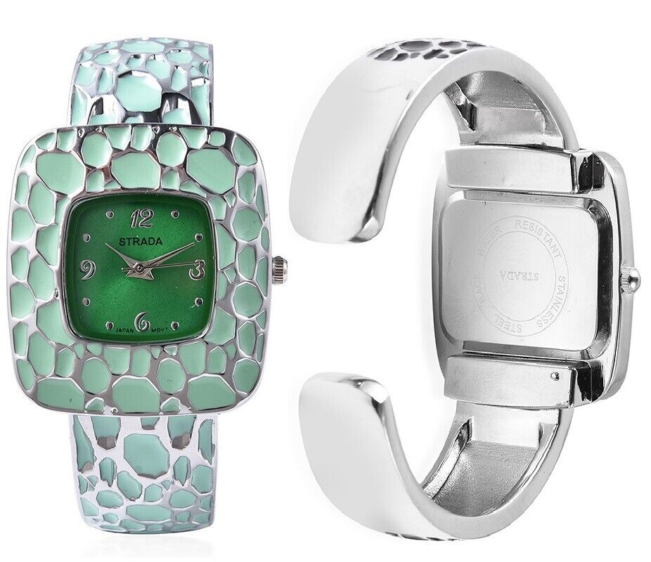 Womens STRADA Green Japanese Movement Stainless Cuff Bangle Bracelet Watch D852