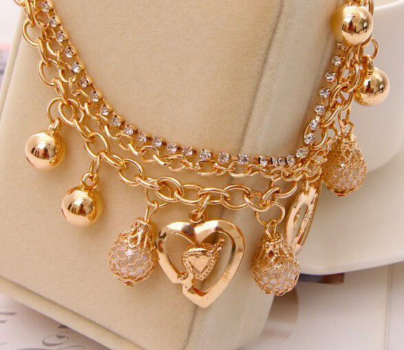18k Gold Bracelets Bangle Womens Lady Heart Pearl Bell Multi Layer +GiftPkg D107