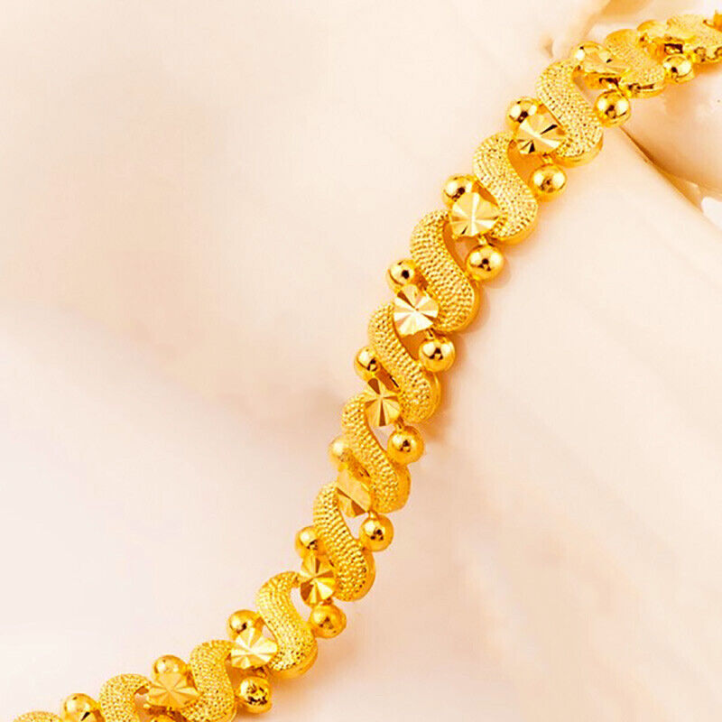 24k Yellow Gold Womens Bracelet Linked Hearts Beads Chain 8mm Wide D899