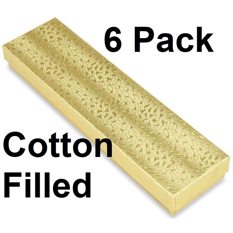 6 Pc 8" x 2" x 1" Gold Foil Cotton Filled Jewelry Necklace Bracelet Gift Boxes