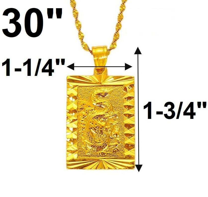 24k Yellow Gold Dragon Pendant With 30" Wave Chain Link Necklace w GiftPkg D451W