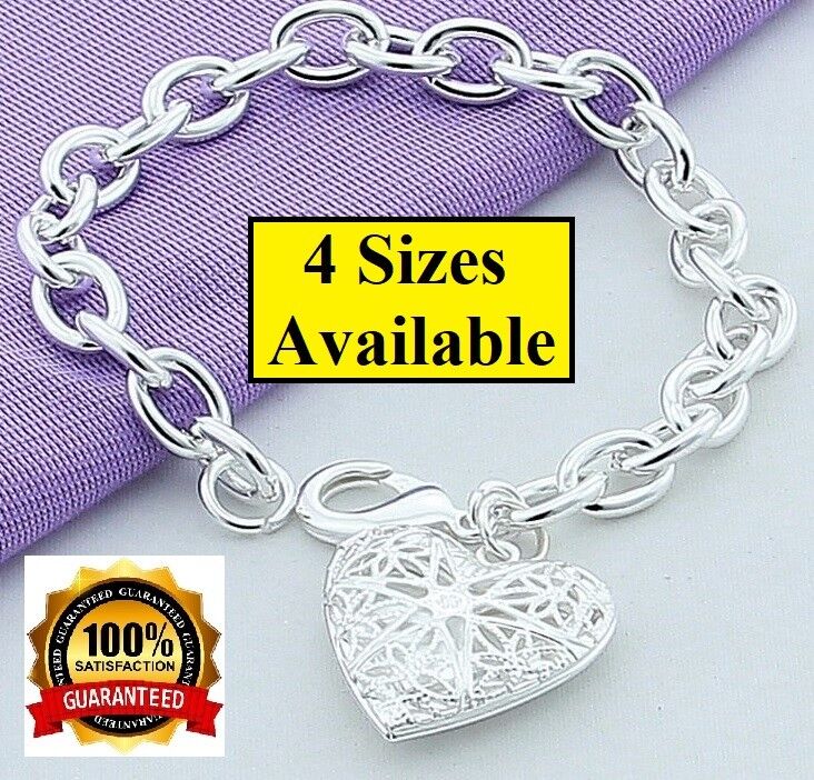 925 Sterling Silver Womens Heart Photo Locket Link Chain Bracelet 6" 7" 7.5 D551