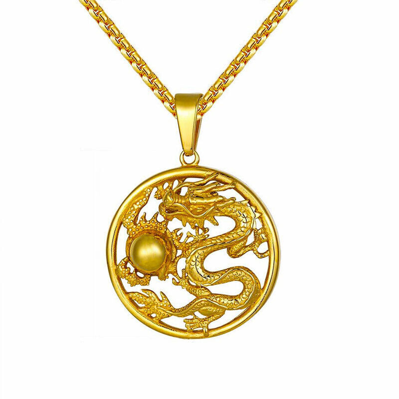 18k Yellow Gold 24" Mens Women Link Chain Necklace And Dragon Ball Pend w GiftPk