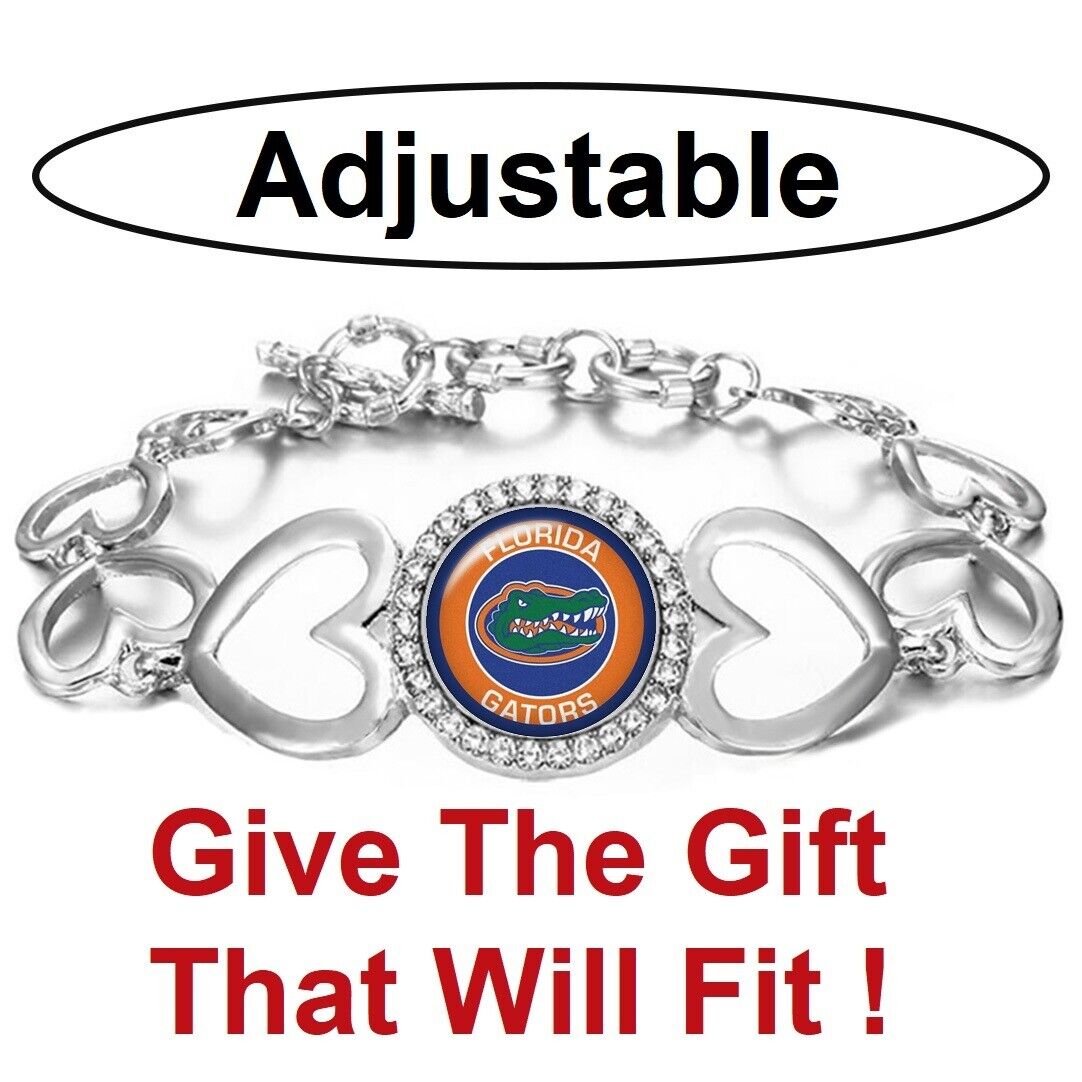 Florida Gators Womens Silver Heart Link Adjust. Bracelet W Gift Pkg D27
